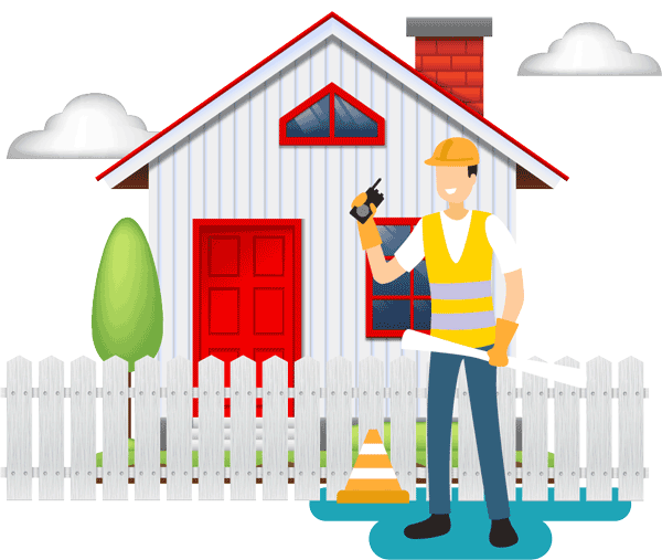 construction worker, house and fence